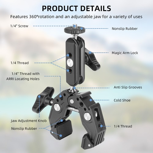 Super Clamp with 3" Dual Ballhead Arm Cold Shoe for Desk Tripod Tube Crossbar - Picture 6 of 11