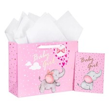 Baby Girl Gift Bag Pink Elephant Design with Tissue Paper and Greeting Card f...