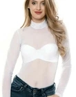 Mesh Bodysuit Women White Long Sleeve Turtleneck Tull Polo Top Blouse Leotard
