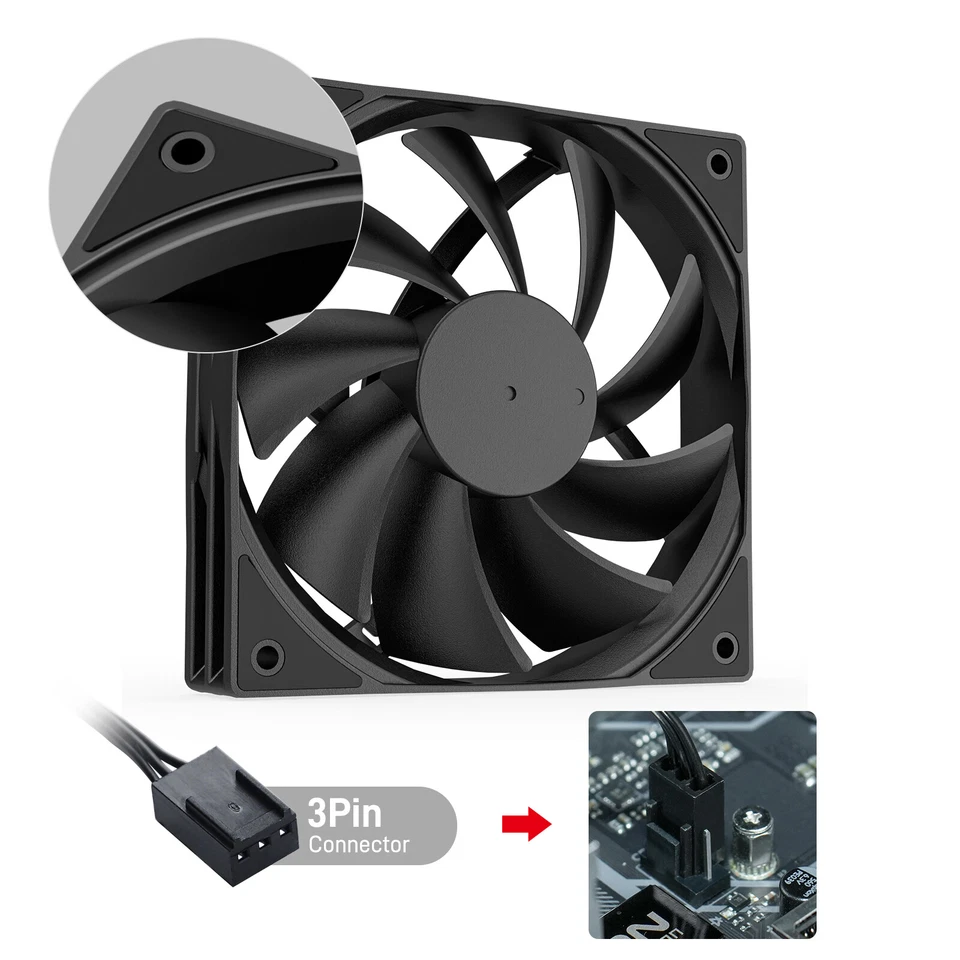 3Pack Black 120mm PC Case Fans High Airflow Low-Noise High Performance Fan Speed - Image 2 of 4