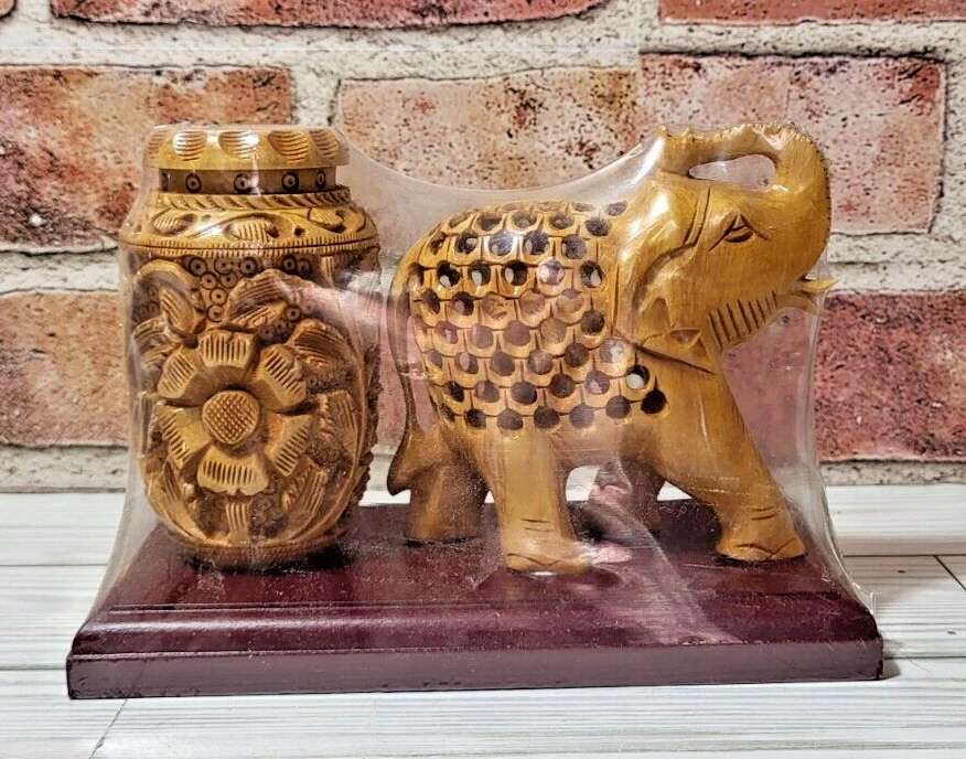 Nuevo elefante de madera y jarrón tallado a mano estatua arte India Foto 3 de 4