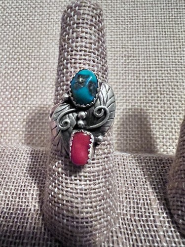 Lorena Brown Navajo Handmade Sterling Kingman Terquoise and coral Size 8 1/2" - Picture 2 of 9