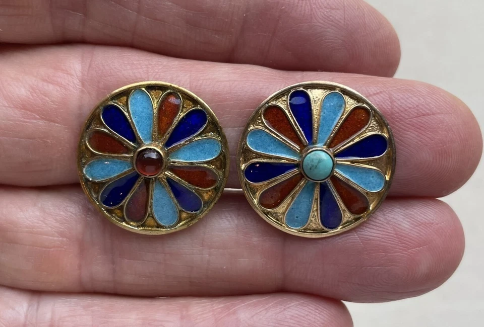 Egyptian Revival Earring Enamel Starburst Flower Sterling Vermeil Button Clip 1" - Image 2 of 4