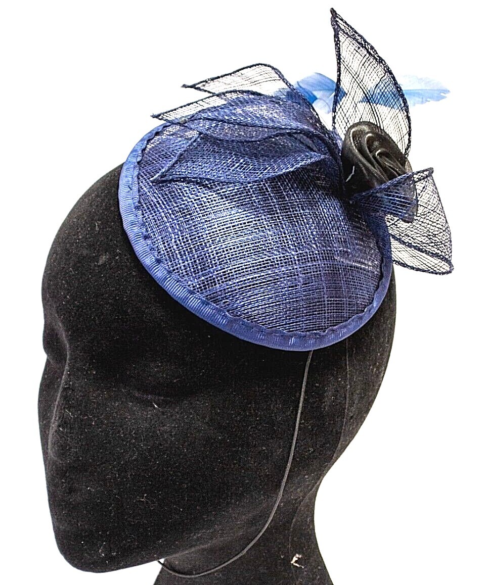 Fascinator Blue with Black Rose and Blue Feather Comb New with Tags