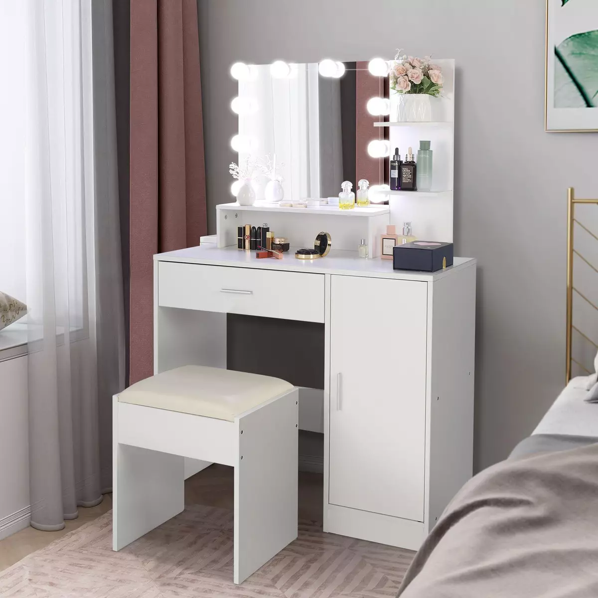 Modern Dressing Table with Stool LED Mirror Storage Cabinet Drawer Shelves