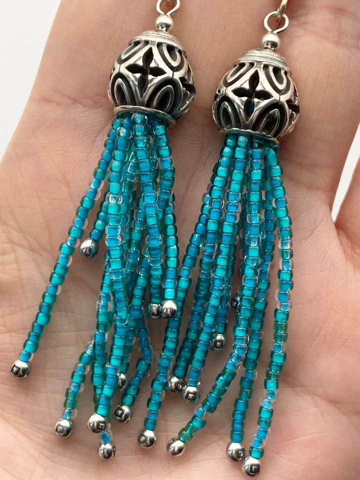 Pendientes Brighton plata aqua boho raíces borla alambre francés Foto 4 de 4