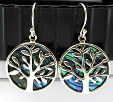 925 Sterling Silver Abalone Shell Tree Of Life Dangle Drop Earrings Boho