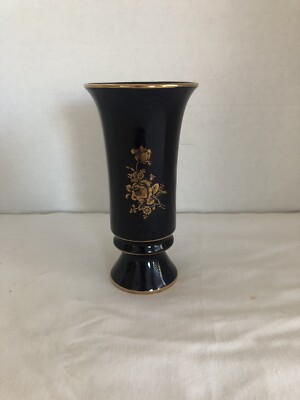 Woulind Cobalt Blue W/Gilded Floral Trim Ceramic Vase-Made In Chile