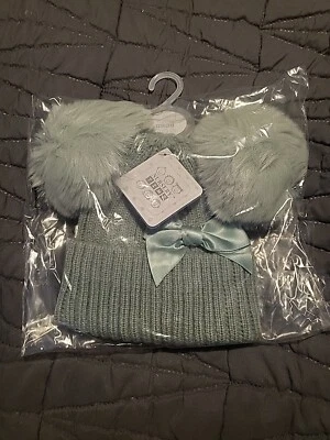 Nursery Time Cute Sage Green Bow And Pom Pom Hat Size 0 - 6 Months