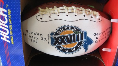 HUTCH  SUPER BOWL XXVIII  SOUVENIR FOOTBALL  1994 GEORGIA DOME  ATLANTA W/ BOX !