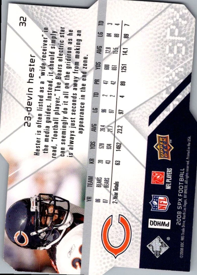 2008 SPx Devin Hester Chicago Bears #32 - Image 2 of 2
