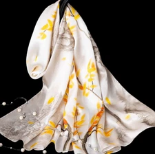 100% Silk Scarf Women neckerchief long Shawl Wrap floral beige yellow MY225-21