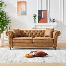 83" Brown Modern Chesterfield Tech Fabric Sofa w/Roll Armrest,3 Seater