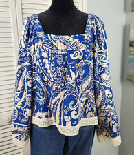 Nicole Miller Linen Blend Top Small Blue Floral Bell Sleeve Lace Trim Tropical