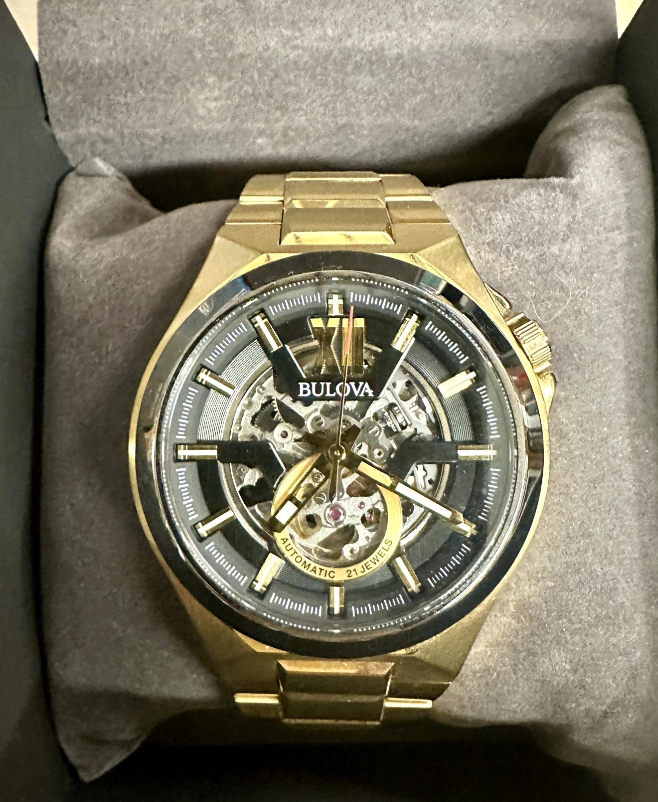 Bulova 98A178 - Orologio Automatico Uomo, Cassa In Acciaio Bicolore Oro/grigio, Quadrante Scheletrato, Cinturino In Acciaio, 46 Mm