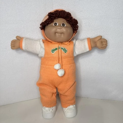 Vintage Cabbage Patch Kids Boy Doll Brown Curly Hair Orange Knitted Overalls