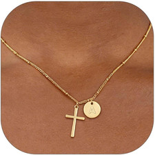 Easter Basket Stuffers - Cross Initial Necklace for Women 14K Gold Plated Dainty