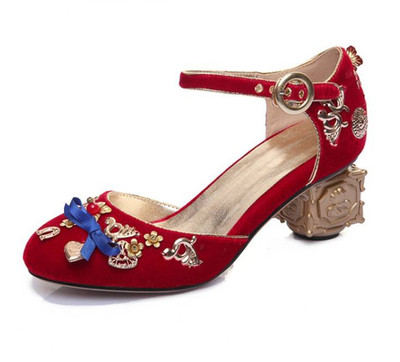 Women Velvet Floral Rhinestones Shoes Square Heel Fashion Pumps Party Ball Gown 