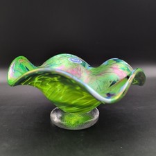 Joska Crystal Glas Schale Fu&szlig;schale Wellenrand irisierend gr&uuml;n bunt Kunstglas