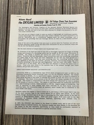 Skyline Limited Steam Train Excursion Brochure 1976 Alexandria To Front Royal