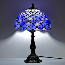 Stunning Vintage Tiffany Style Stained Glass Lamp - Blue  Purple Fish Scales