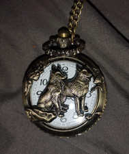 Bronze Pocket Watch Wolf Motif Steampunk Analog White Dial with Chain