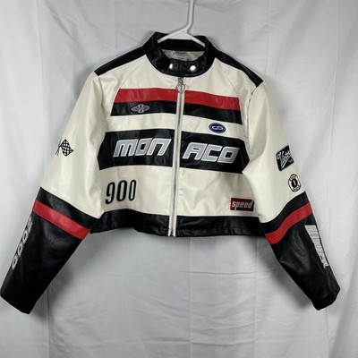 Spirit Halloween Monaco Racing Jacket Womens Small Cropped Moto Faux Leather Y2K