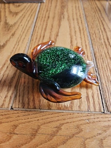Murano Style Art Glass Amber & Green   Turtle Paperweight Hand Blown