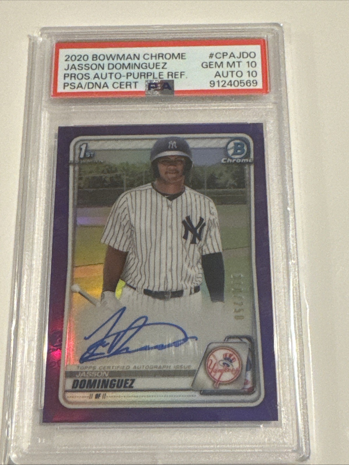 ⚾ JASSON DOMINGUEZ - 2020 Bowman Chrome 1st PURPLE Ref AUTO RC 218/250 - PSA 10