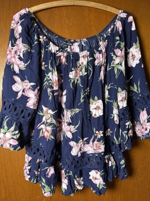 Unique Spectrum Women's Blue Pink Floral 3/4 Sleeve Tunic Blouse Top Sz 2X