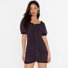 Nasty Gal Black Purple Floral Hook Eye Puff Sleeve Mini Dress 6 Whimsigoth