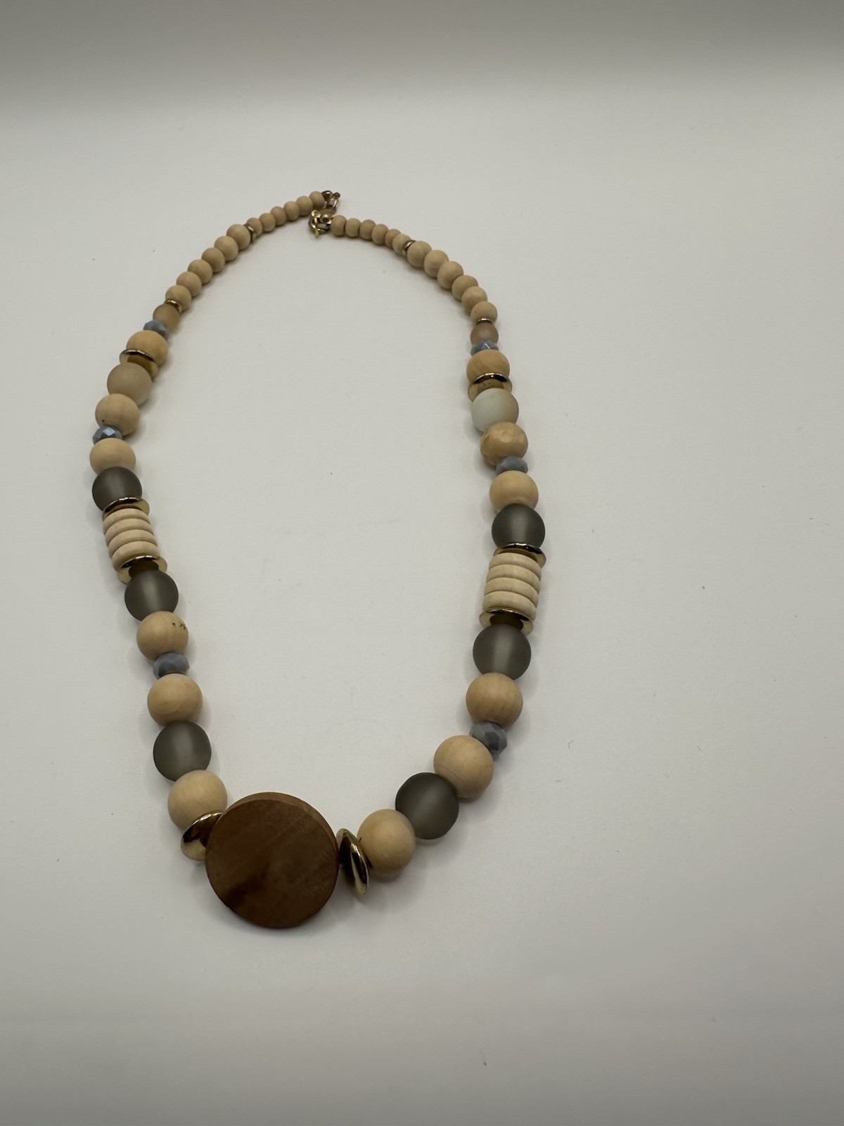 Vintage Boho Wood Beaded Necklace With Blue Glass Accents 18”