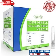 100 Pack 27 Ga 1/2 inch Disposable Needles with Caps for 27G