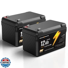 GOLDENMATE 12V 12Ah LiFePO4 Lithium Battery(2 Packs), 5000+ Deep Cycles, IP67