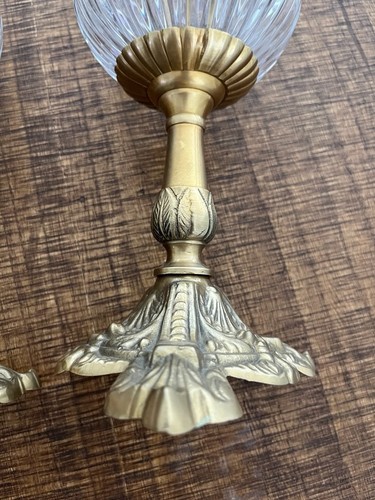 Vintage Pair Ornate Brass Stand Clear Glass Globe Decor Collar Finial 14 in Tall - Picture 14 of 16