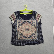 Lucky Brand Women Shirt 1X Navy Geometric Grunge Hippie Boho Scoop Neck Pullover
