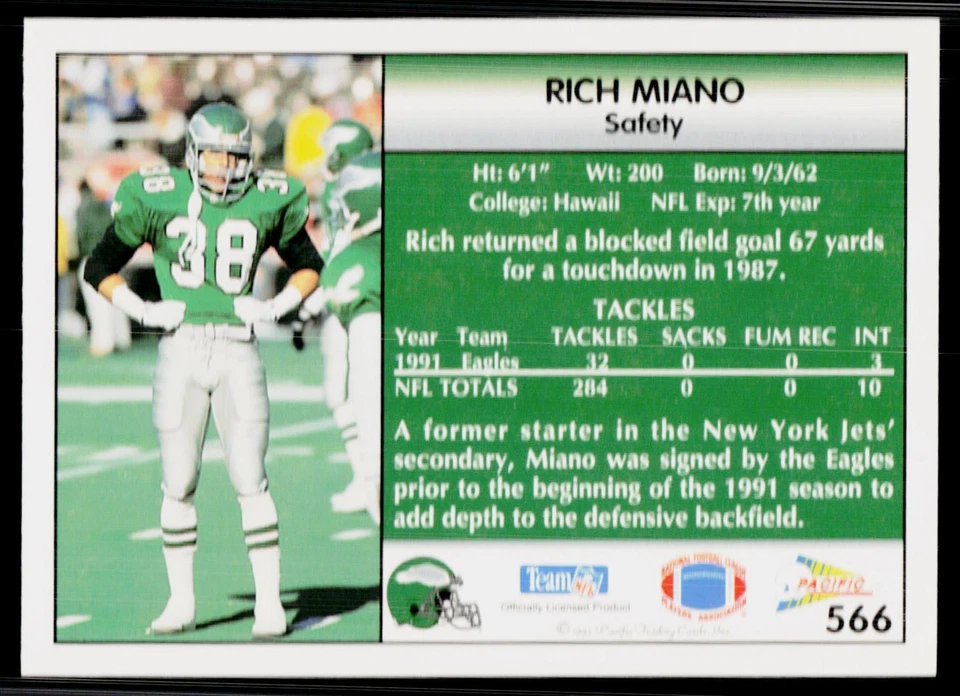 Rich Miano, 1992 Pacific, #566, Philadelphia Eagles, - Image 2 of 2