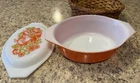 Vtg Pyrex Fiesta Orange Fruit  1.5 Qt Oval Casserole with Lid 168-70 With Basket