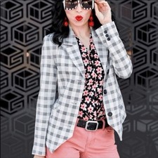 Cabi Valentina Black White Grey Plaid Blazer Jacket Sz 6 Business Casual A8