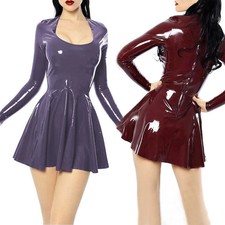 Women Fashion PVC Leather A-Line Mini Dress Casual square neck Long Sleeve Dress