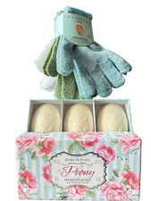 Italian Spa Set Peony Soap  Exfoliating Shower Gloves Gift Set Birthday Pamper