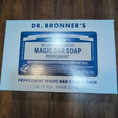 Dr Bronner's Pure Castille Peppermint Bar Soap, 5 Ounce (Pack of 6)