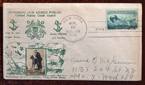 #936 US Coast Guard FDC on Crosby cachet, watchdogs, slight toning