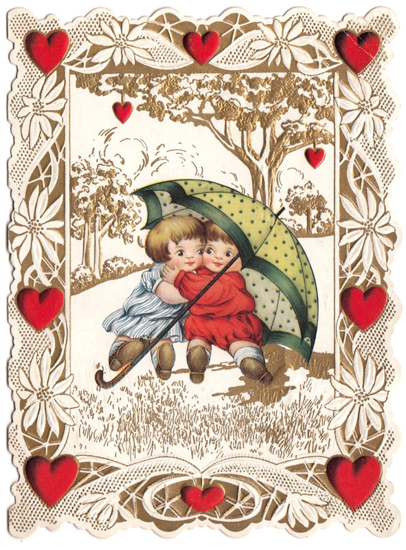 Children Hug under Umbrella~1920s Whitney Die Cut Valentine Greeting Card