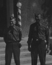 Two US Army Soldiers Smiling In Front Of Military Barracks 1950s Handsome Men