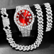 Hip Hop Simulated Diamond Luxury Watch Iced Cuban Chain Necklace Bracelet set