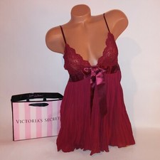Victoria Secret Lingerie Babydoll Medium Dark Red Pleated Solid Lace Trim