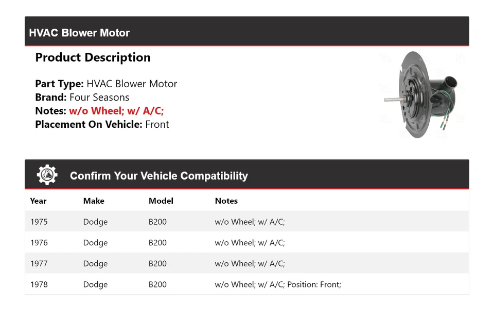 For 1975-1978 Dodge B200 HVAC Blower Motor 4 Seasons 1976 1977 - Image 2 of 4