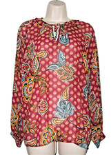 LADIES MATALAN PAPAYA BURGUNDY FLORAL INDIAN PRINT BLOUSE SHIRT TOP - SIZE UK 12