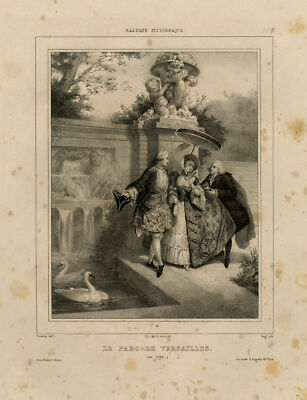 Antiker Meisterdruck - Ein elegantes Paar - Park bei Versailles - Deveria - Vogt - ca. 1840